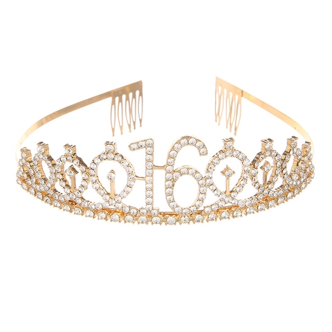 Couronne de 16ème Anniversaire Strass Sweet 16 Diadème Serre-tête Pour Filles Or Rose Articles de Fête Bijoux de Cheveux