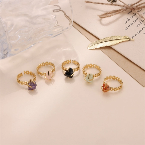 Natural Stone Stainless Steel Ring Adjustable Open Band Geometric Chain Design Bohemia Style Jewelry Women