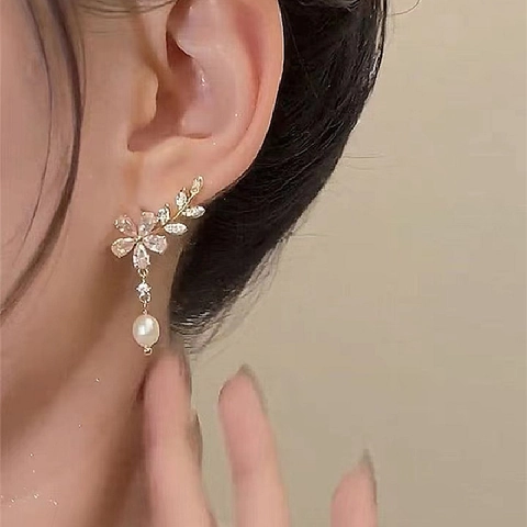 Flower Leaf Drop Earrings White Artificial Pearl Zircon Gold Plated Alloy 925 Sterling Silver Earring Post For Women Elegant Retro