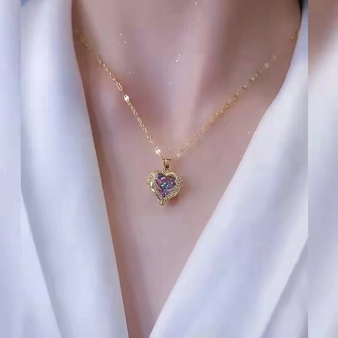 Elegante Herz Anhänger Halskette Vergoldetes Kupfer Engelsflügel Mit Lila Zirkonia Farbverlauf Schmuck Geschenk Für Damen