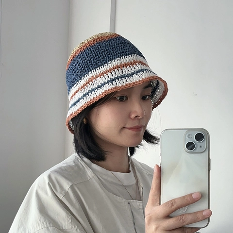 Women's Handmade Paper Straw Striped Bucket Hat Summer Breathable Foldable Crochet Fisherman Hat Sunshade Beach Sun Hat
