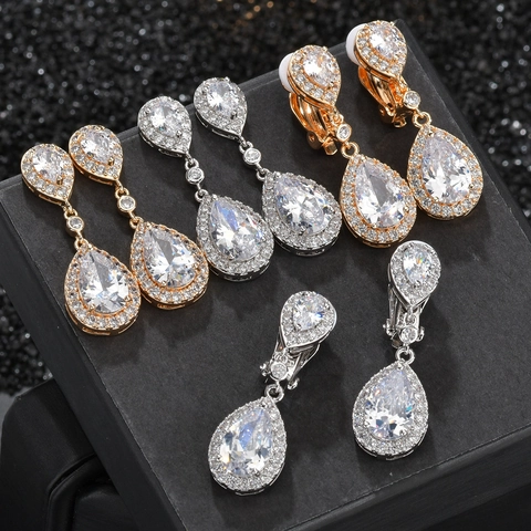 Luxe Zirkonia Waterdruppel Oorbellen Voor Dames Elegante Peer Slijpvorm Koperen Hanger Oorbellen Bruid Bruiloft Banket Sieraden