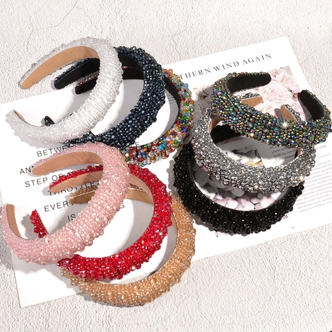 Luxury Baroque Padded Headband For Women Handmade Artificial Crystal Beaded Hair Hoop Vintage Wide Rhinestone Accessory