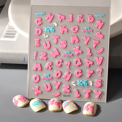 5D Embossed English Alphabet Nail Stickers 3D Bubble Letters Numbers Ice Cream Pattern DIY Decorative Decals For Nail Art