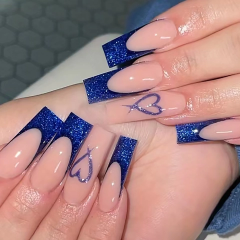 Uñas Postizas Largas Coffin Para Presionar Purpurina Azul Oscuro Estilo Corazón Rayas Francesas Para Mujeres
