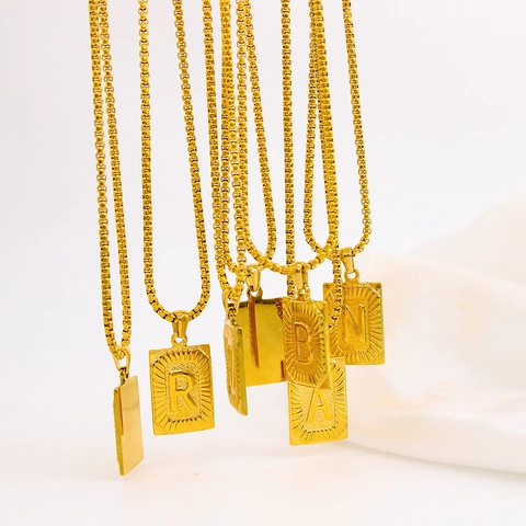 Initial Necklace Gold Plated Stainless Steel Rectangular Alphabet Letter Pendant Box Chain Fashion Jewelry For Men Women