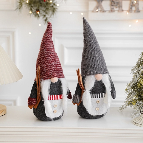 Christmas Gnome Plush Doll Handmade Nordic Faceless Tomte Ornaments With Wooden Skis For Home Table Fireplace Decor