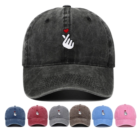 Baseball Cap Finger Heart Embroidery Washed Cotton Distressed Vintage Outdoor Sun Hat Adjustable Unisex