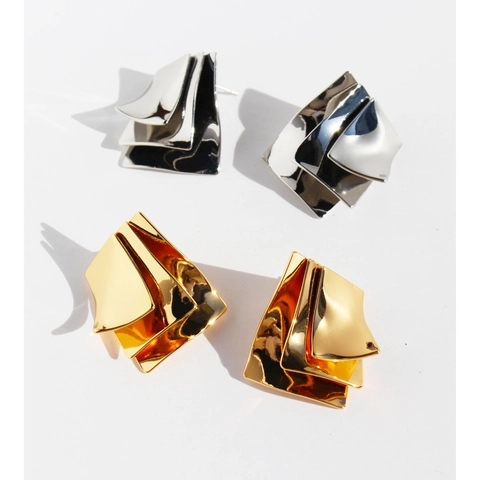 Orecchini a Bottone in Ottone Geometrici Irregolari Con Perno in Argento Sterling 925 Orecchini a Strati Metallici per Donna