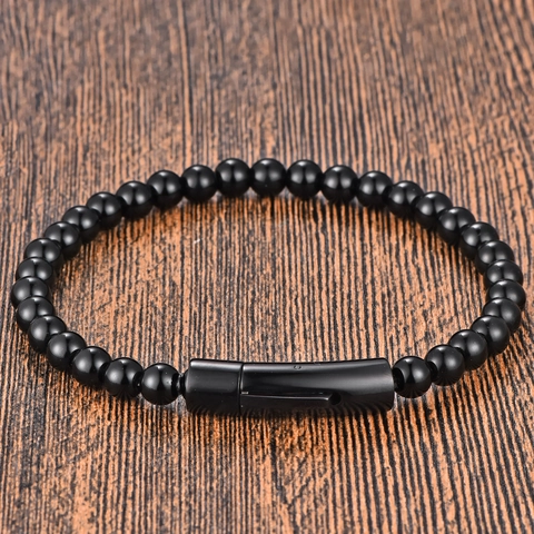 Pulsera Trenzada de Cuero Genuino para Hombre Hebilla Magnética de Acero Inoxidable Cuentas Negras Piedra de Lava Joyería