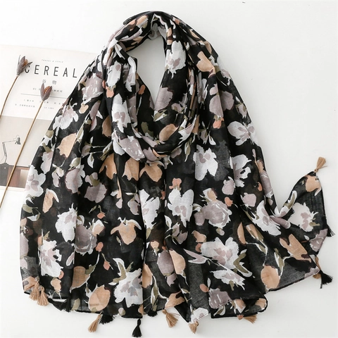 Vintage Damen Schal Mit Blumendruck Und Quasten Leichtes Sonnenschutz Strandtuch Polyester Voile