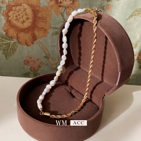 Collar Empalmado Con Perla Barroca Artificial De Agua Dulce Y Cadena De Aleación Trenzada Dorada Joyería Elegante Para Mujer