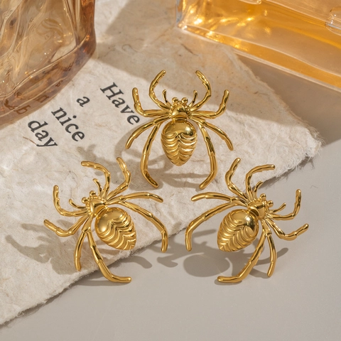 Unique Stainless Steel Spider Stud Earrings And Adjustable Ring Gold Plated Punk Niche Jewelry For Women Halloween Party