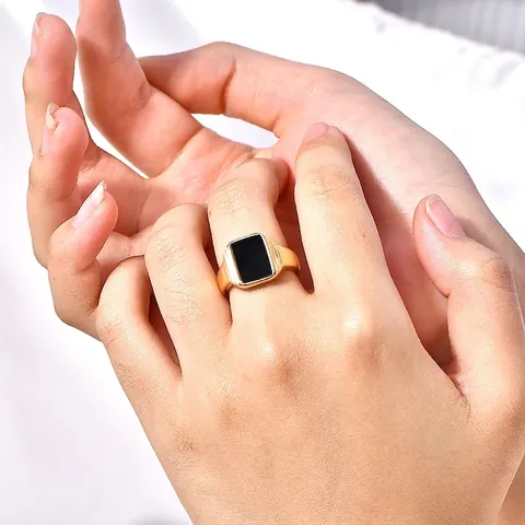 Retro Square Black Signet Ring 18K Gold Plated Stainless Steel Striped Sides Statement Fashion Jewelry