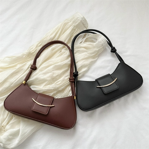 Minimalist PU Leather Underarm Bag For Women With Gold Moon Buckle French Style Shoulder Bag Baguette Handbag