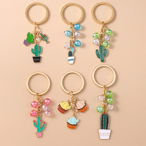 Cute Enamel Cactus Keychain Beaded Bag Hanging Metal Gold Ring Potted Plant Keyring Charm For Women Girls Accessory