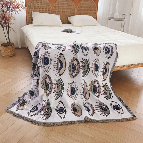 Bohemian Evil Eye Woven Cotton Blanket Sofa Throw Artistic Tapestry With Tassels Multi Functional Home Decor Camping