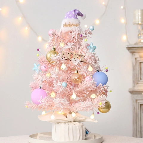 Caja De Música Giratoria Mini Árbol De Navidad Rosa Flocado Adorno De Escritorio Con Luces LED Bolas Y Estrellas