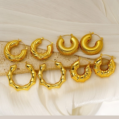 Bamboo Croissant Hoop Earrings 18K Gold Plated 304 Stainless Steel Waterproof Hypoallergenic Vintage Chunky For Women