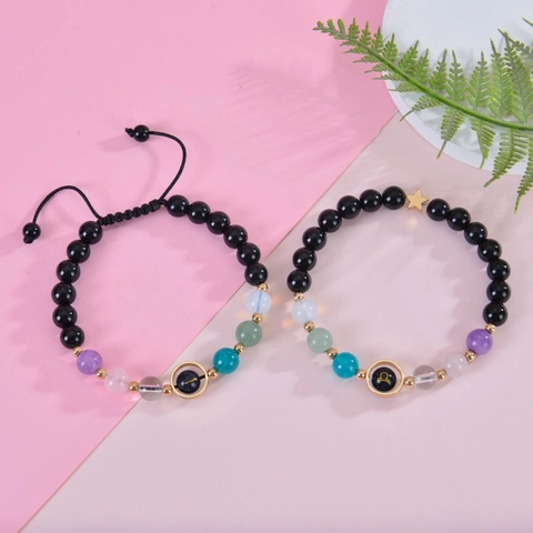Zodiac Sign Beaded Bracelet Natural Stone Obsidian Amethyst Star Charm Handmade Constellation Jewelry Gift