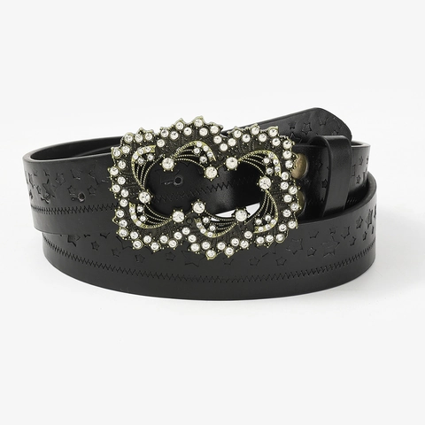 Vintage Punk Star Pattern PU Leather Belt With Heart Rhinestone Buckle Western Cowgirl Wide Waist Strap Fashion Accessory