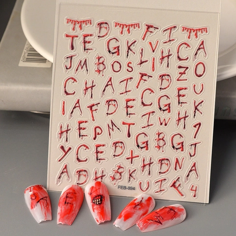 Autocollants À Ongles 5D Relief Halloween Lettres Alphabet Sanglantes Horreur Design Goutte Décor Fête Gothique