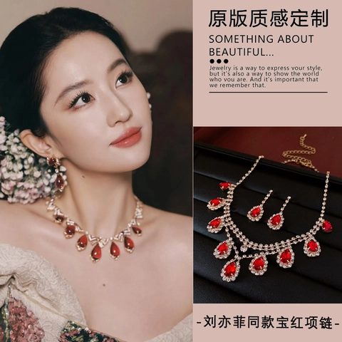Water Drop Red Gemstone Necklace And Earrings Rhinestone Copper Jewelry For Women Vintage Elegant Luxury Tassel