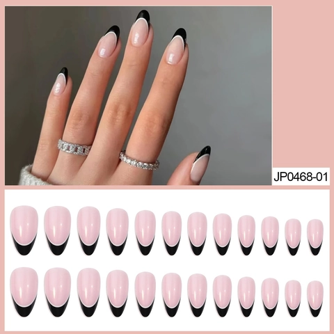 Unghie Finte A Mandorla French Punta Nera Rosa Nude Eleganti Unghie Artificiali Minimaliste Per Donne