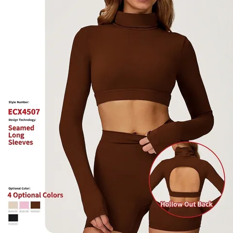 Dames Yoga Top Met Lange Mouwen Hoge Hals Open Rug Slim Fit Sportshirt Nylon Spandex Geborstelde Stof Fitness Kleding