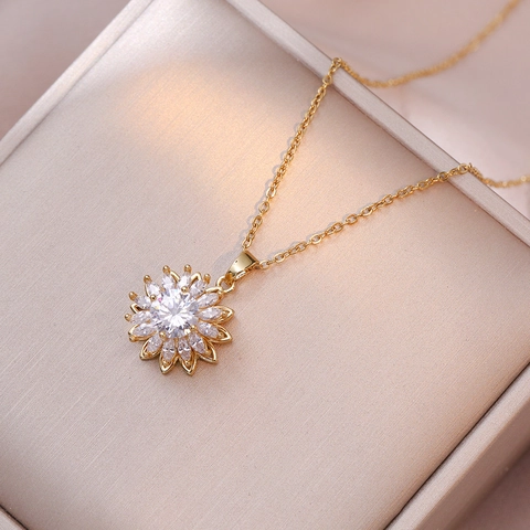 Rotating Sunflower Zirconia Titanium Steel Necklace Earrings Ring Bracelet For Women Fashion Jewelry Gold Plated Accessory