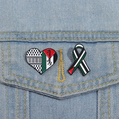 Palestine Flag Enamel Brooch Heart Ribbon Shape Keffiyeh Pattern Zinc Alloy Arabic Text Badge Pin For Men Women Accessory