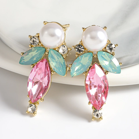 Geometric Waterdrop Rhinestone Artificial Pearl Earrings With Stainless Steel Earring Post Alloy Gold Plated Bohemian Jewelry Women
