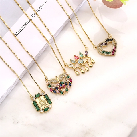 Collana Con Ciondolo In Rame Placcato Oro Zircone Colorato Malocchio Cuore Farfalla Vergine Maria Gioielli Hip Hop