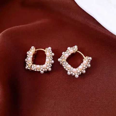 Orecchini A Cerchio A Forma Di U In Rame Placcato Oro Con Imitazione Perla Artificial E Strass Lusso Vintage Francese