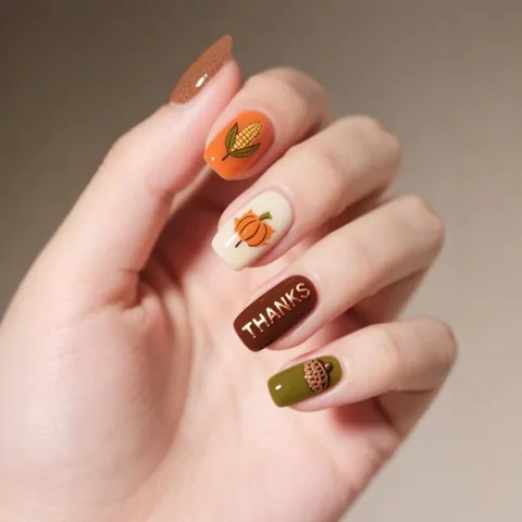 Press On Nails Thanksgiving Harvest Theme Short Square Artificial Fake Nails For Women Pumpkin Corn Acorn Design Glossy