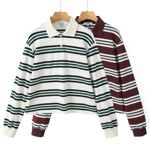 Polo A Righe E Minigonna Pieghe Colore A Contrasto Vestibilità Ampia Preppy Streetwear Casual Poliestere Donne