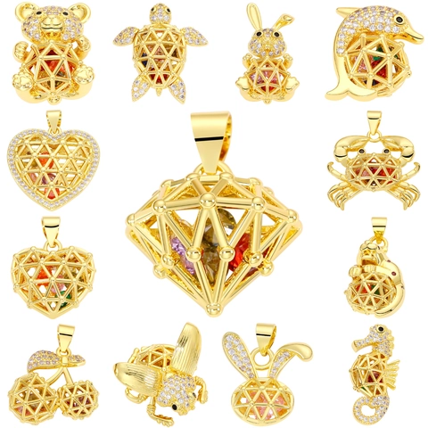 Ciondoli A Gabbia Vuota Forma Cuore Animale Rame Gemme Colorate Zirconi Strass DIY Gioielli