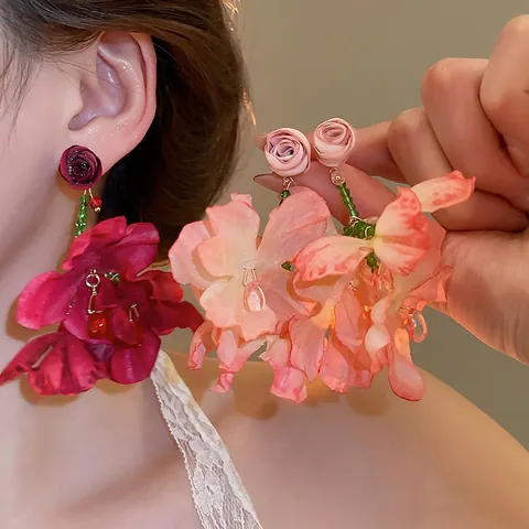 Boucles D'oreilles Pendantes Fleurs En Tissu Surdimensionnées Avec Tige En Argent Sterling 925 Gland De Perles De Cristal Rose Style Mori Romantique Pour Femmes
