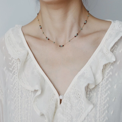 Collana di Perline in Acciaio Inossidabile Vintage per Donna Catena Oro Perle di Vetro Rosse Turchesi Choker Ciondolo Cuore Gioielli Boho