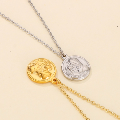 Collana Con Pendente A Rilievo In Moneta Rotonda In Acciaio Inossidabile Vergine Maria Madre Bambino Religioso Retro Vintage Regalo Donne