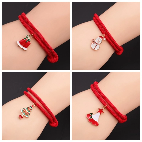 Bracciale Corda Rossa Natale Lega Smalto Pupazzo Di Neve Albero Campana Ciondoli Gioielli Vacanze Regolabili Donna