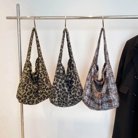 Pluche Leopard Print Tote Bag Faux Fur Schoudertas Grote Capaciteit Herfst Winter Mode Retro Zacht Voor Dames