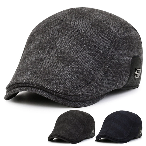 Men's Ivy Cap Plaid Woolen Winter Warm Flat Cap With Ear Flaps Vintage Adjustable Cabbie Hat