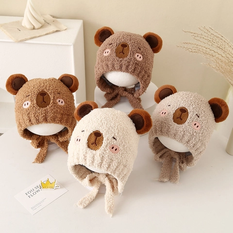 Baby Winter Warm Ear Protection Hat Cute Cartoon Bear Ears Teddy Fleece Plush Beanie For Toddlers Windproof
