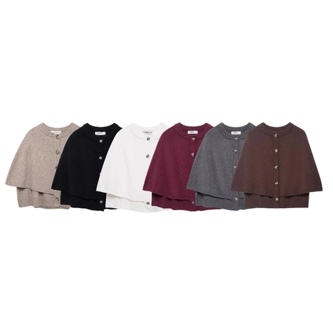 Cape De Poncho En Tricot Pour Femmes Cardigan À Boutonnage Simple Col Rond Double Couche Chic Élégant