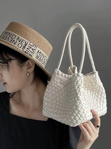 Geflochtene Eimertasche Aus PU Leder Intrecciato Stil Mit Passender Innentasche Weiche Leichte Handtasche