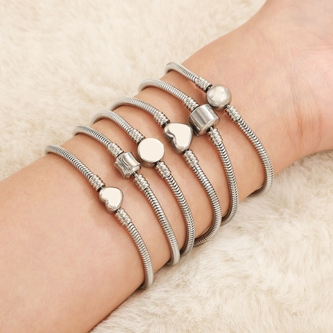 Stainless Steel Snake Chain Bracelet For DIY Large Hole Beads Heart Barrel Clasp Openable Jewelry Gift For Women