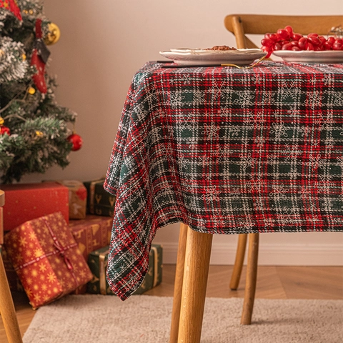 Nappe De Noël Imprimé Flocons De Neige À Carreaux Rouge Vert Rectangulaire Polyester Lavable Décoration Table