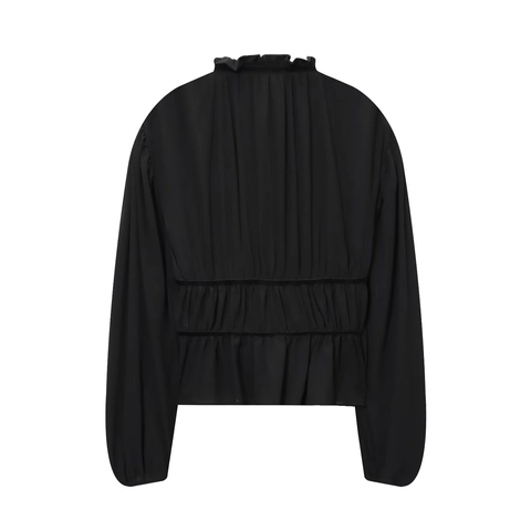 Blusa Negra Georgette Mujer Manga Larga Cuello Alzado Volantes Lazo Cintura Fruncida Color Sólido Camisa Elegante