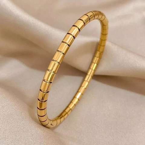 Women Bamboo Joint Bangle Titanium Steel High Polish Tubogas Style Glossy Gold Tone Fashion Bracelet